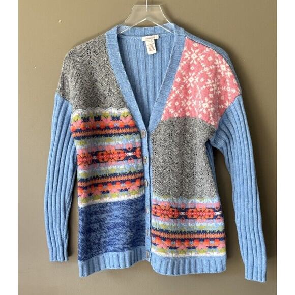 SUNDANCE M Cardigan Sweater Blue Mixed Print Patchwork Lambswool Wool Button Up - Picture 1 of 5
